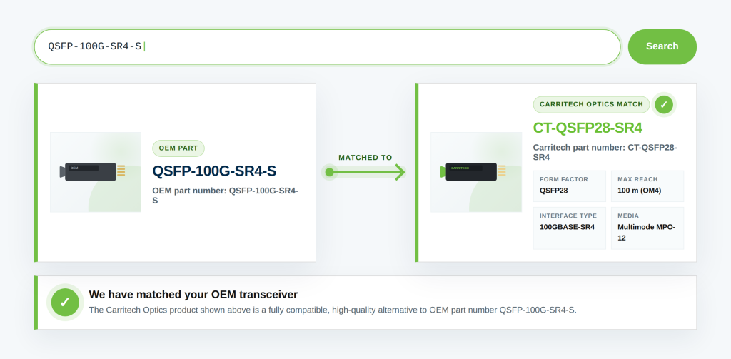Compatible optical transceiver checker matching an OEM part number