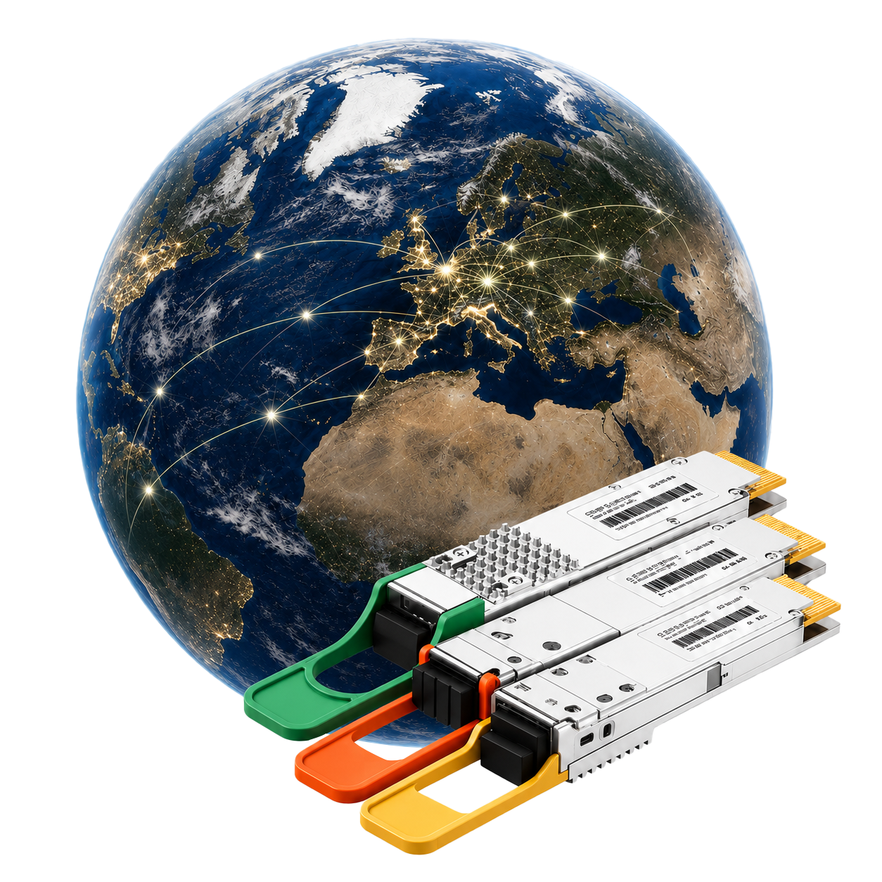 Optical transceivers alongside a globe highlighting European network coverage